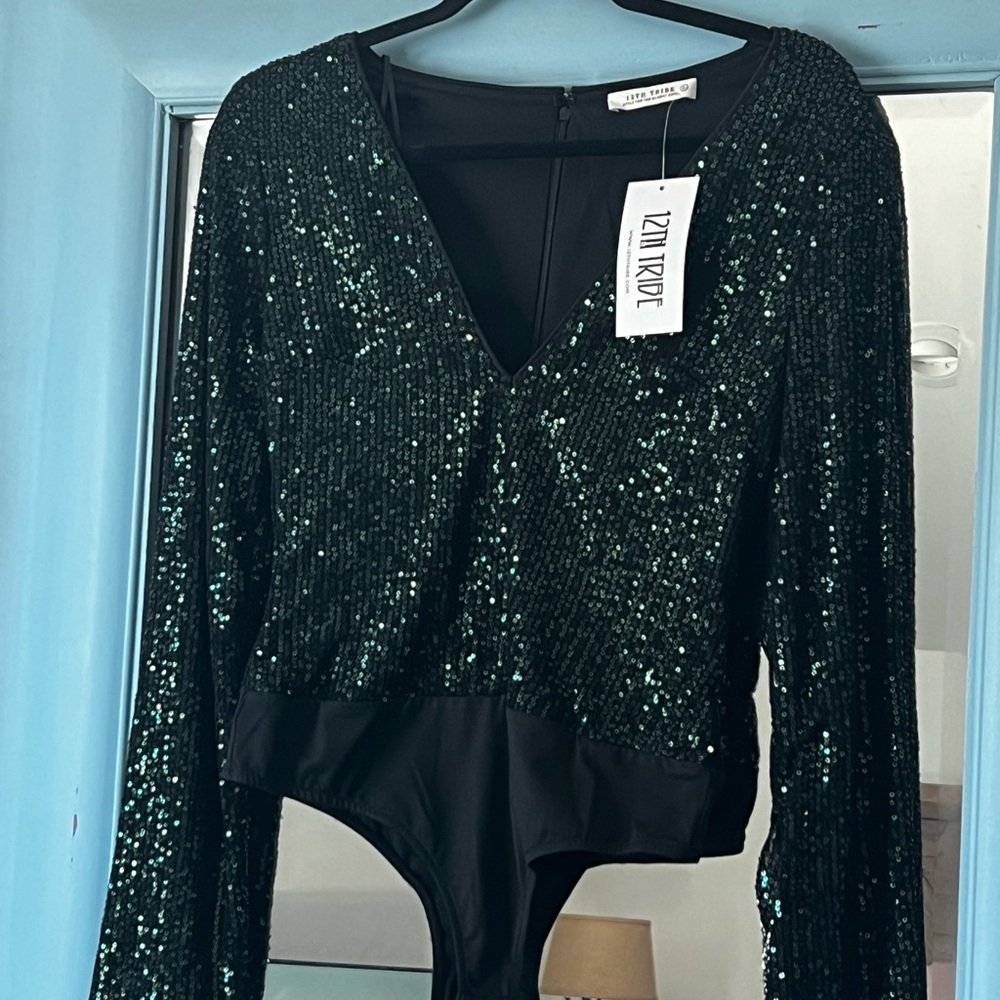 12th tribe forest green body suit sequin
